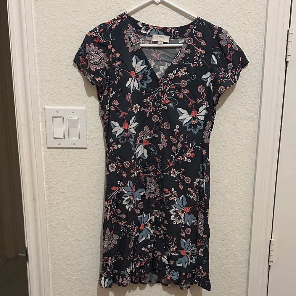 LOFT Petite Floral Dress in Coral and Slate